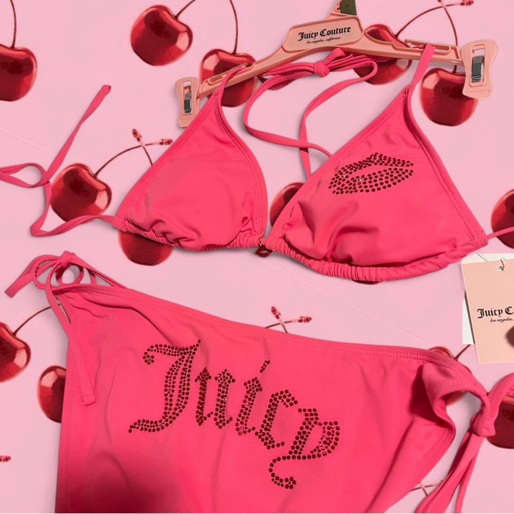 Juicy Couture Pink Bikini Set With Rhinestones & Kiss Lips
